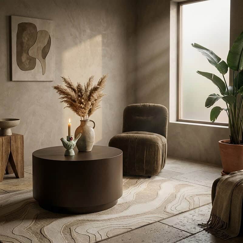 Gemütliches Wohnzimmer mit Möbeln von Mokana, darunter ein bequemer Sessel, ein runder Couchtisch und grüne Pflanzen, in einem minimalistischen und natürlichen Stil.