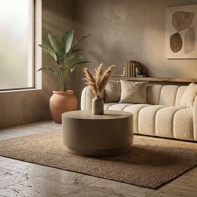 Gemütliches Wohnzimmer mit einem beigen Sofa, einer großen grünen Pflanze in einem Terrakottatopf und einem runden Couchtisch mit dekorativen Vasen – alles in einer hellen, natürlichen Atmosphäre.