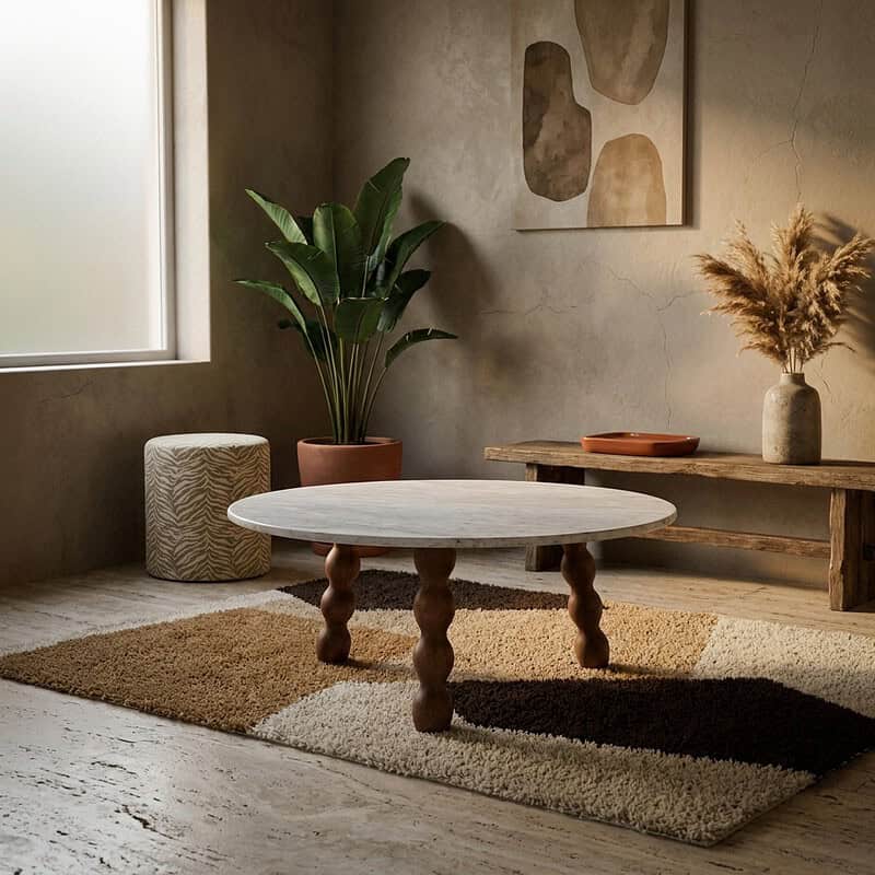 Modernes Wohnzimmer mit einem Couchtisch aus Holz, Pflanzen und Deko-Elementen – perfekt für eine stilvolle und gemütliche Atmosphäre.