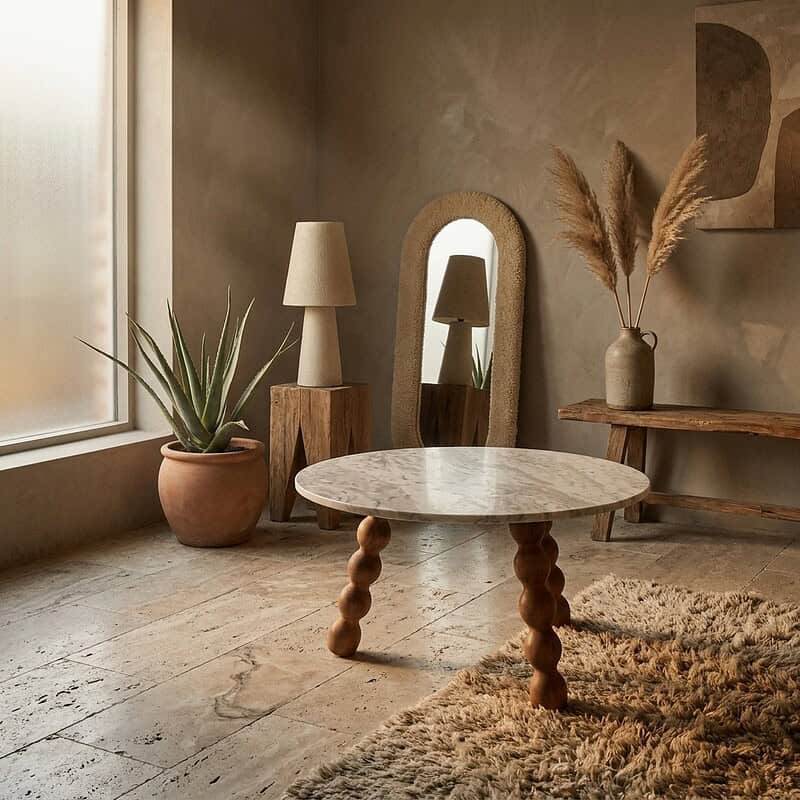 Gemütliches Wohnzimmer mit Möbeln aus Naturholz, einem Couchtisch aus Marmor sowie dekorativen Pflanzen und Accessoires, die für eine warme Atmosphäre sorgen.