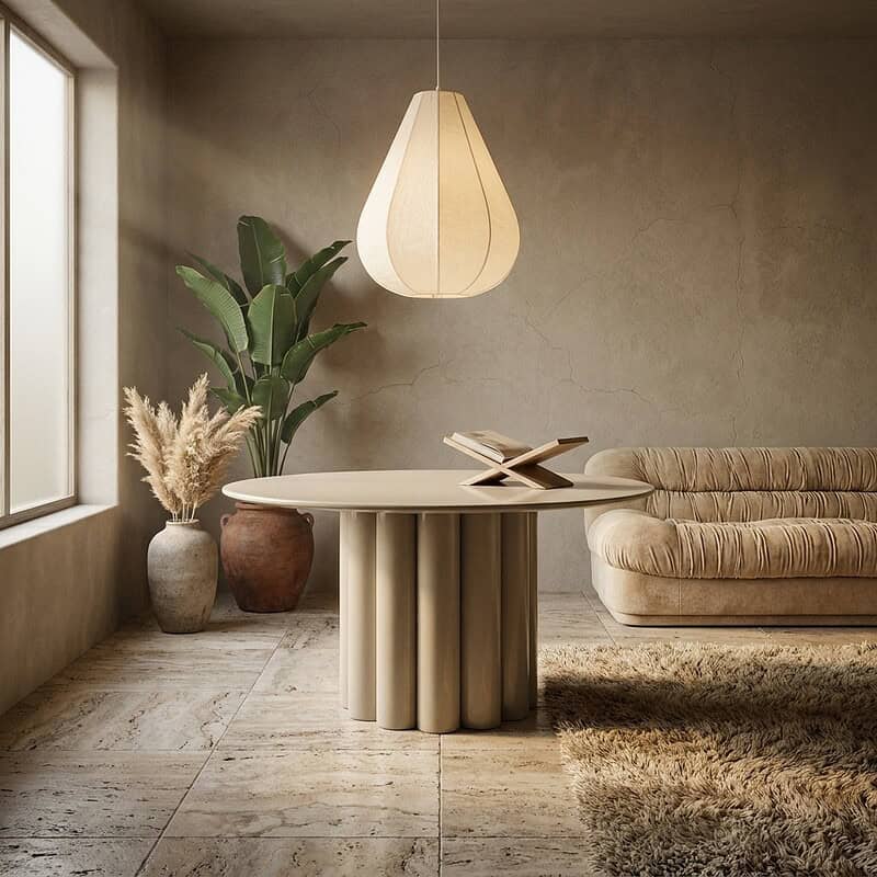 Einrichtung mit rundem Esstisch, Sofa und Pflanzen in einem minimalistischen Wohnzimmer, entworfen von Mokana Meubelen.