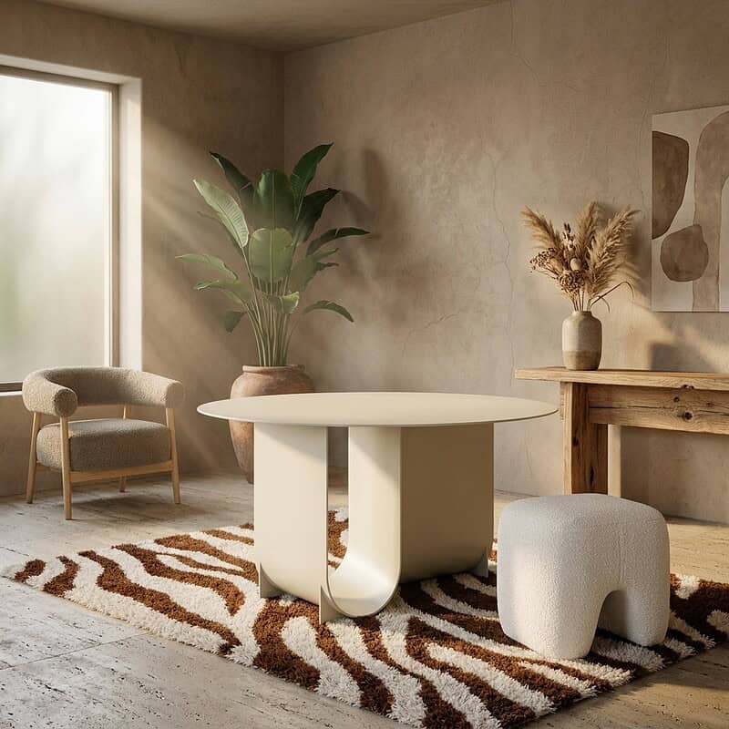 Ein geräumiges Interieur mit modernen Mokana-Möbeln, darunter ein runder Tisch und eine gemütliche Sitzecke – perfekt für einen stilvollen und gemütlichen Wohnbereich.