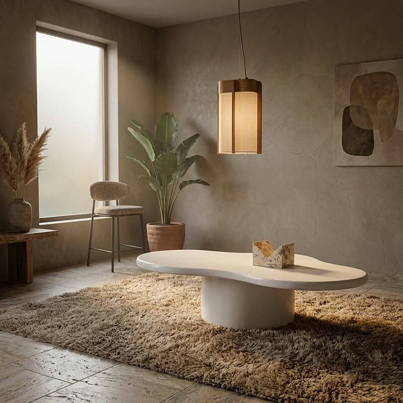 Ein modernes Wohnzimmer mit minimalistischen Möbeln, einem großen Fenster, einer Hängelampe, Pflanzen und einem einzigartigen weißen Couchtisch auf einem weichen Teppichboden.