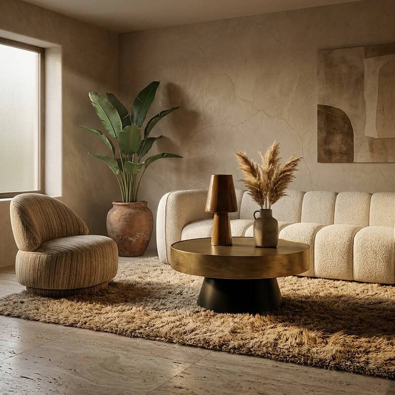 Gemütliches Wohnzimmer, eingerichtet mit Möbeln von Mokana, darunter ein bequemes Sofa, ein einzigartiger Sessel und ein runder Couchtisch mit dekorativen Vasen und Pflanzen, die für eine warme Atmosphäre sorgen.