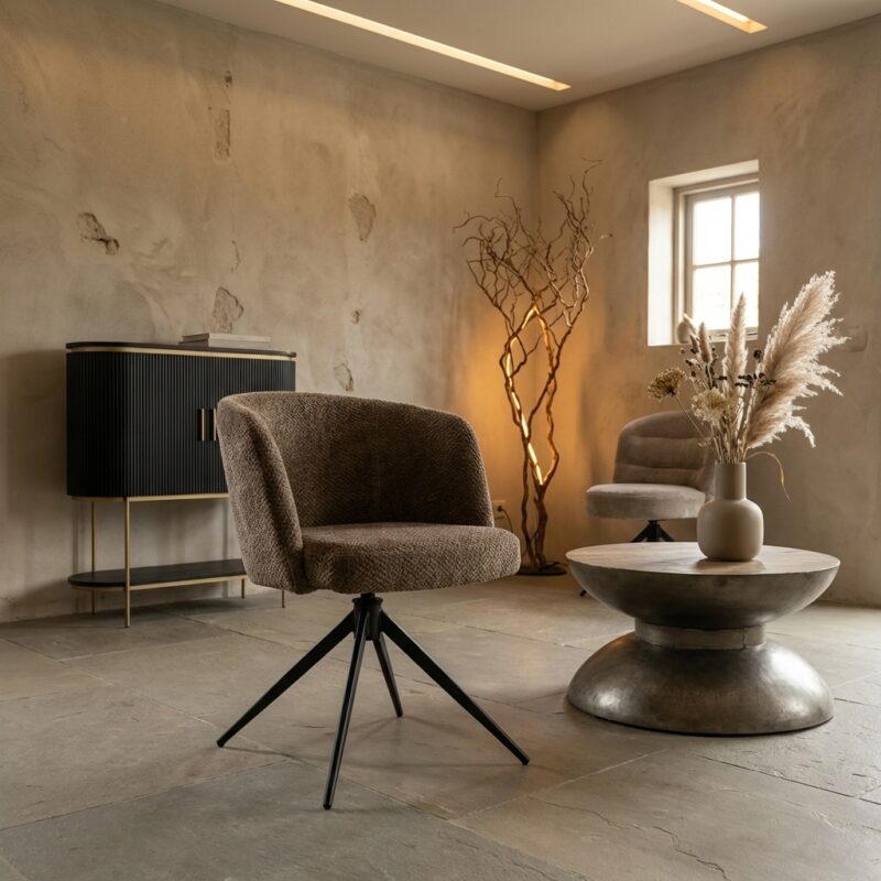Cuvio armstoel met armleuning in taupebruin, hotelstijl, met springvering