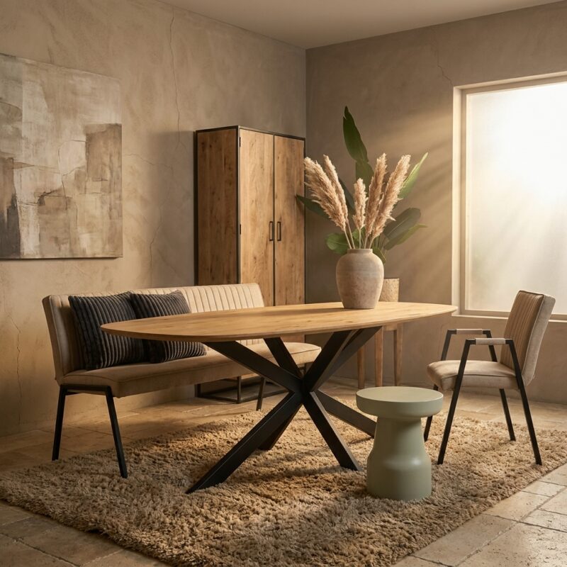 Eiken eettafel Ferris Deens ovaal 240 cm naturel met massief tafelblad