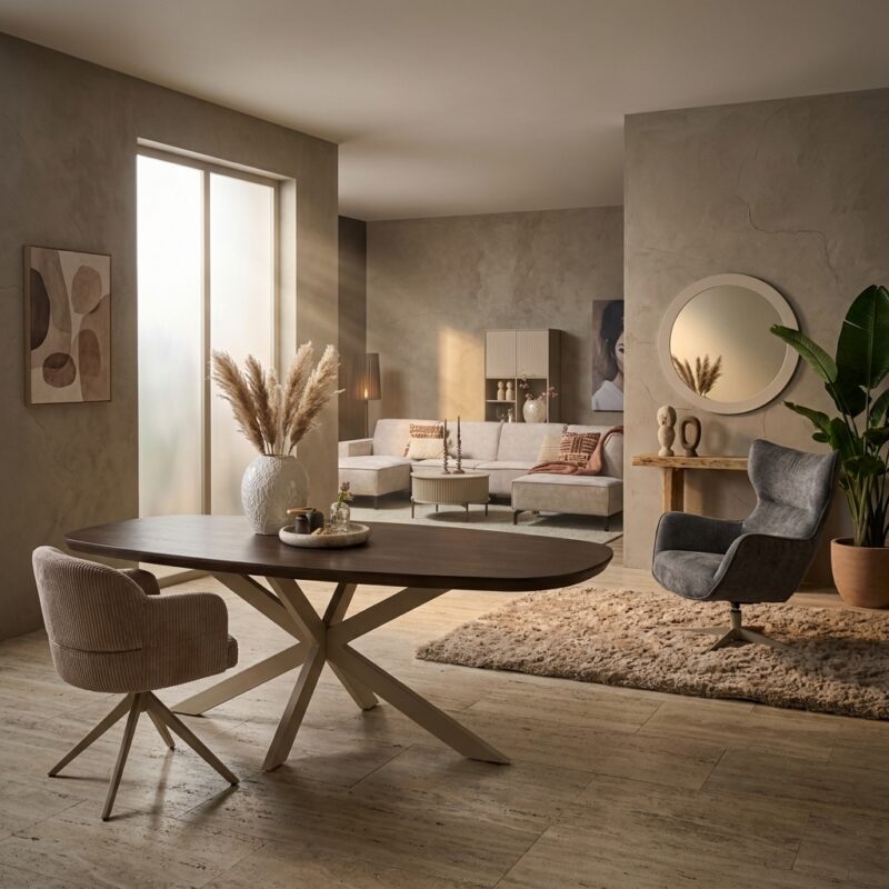 Eettafel Madison Brown, ovale eetkamertafel van mangohout in bruine kleur met sand finish