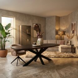 Eettafel Madison Brown, Deens ovaal tafelblad in bruin, zwarte metalen poot