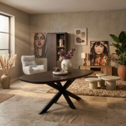 Eettafel Madison Brown, Deens ovale tafelblad in bruin, zwarte metalen poot