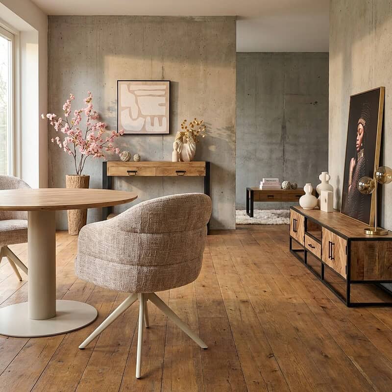 Moderne beige eetkamerstoel Bella met sandkleurige poten en armleuningen, perfect voor een stijlvolle en comfortabele eetkamer of woonkamer.