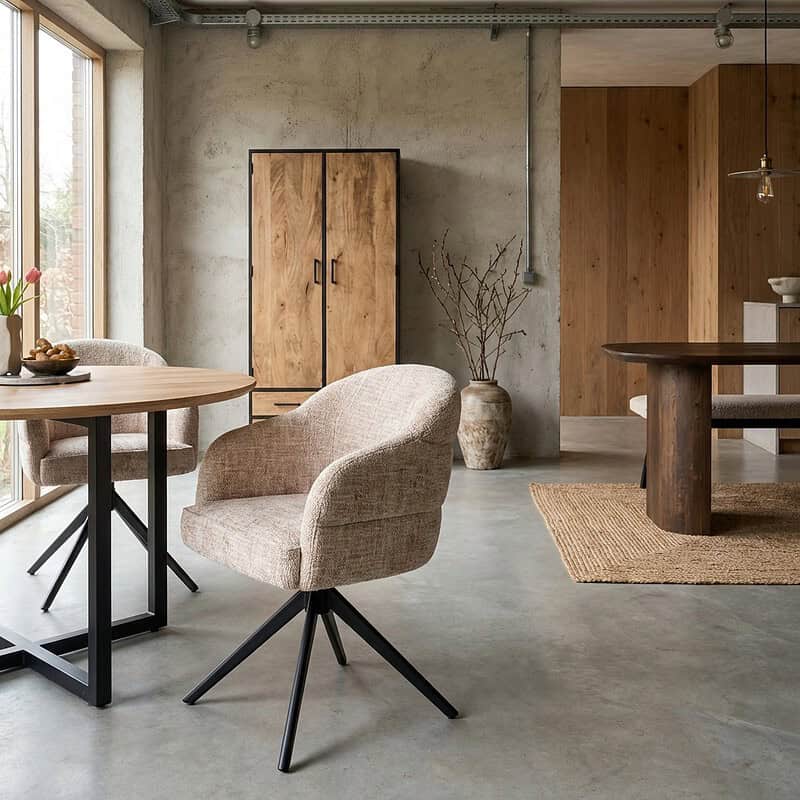 Draaibare eetkamerstoel Bella in beige met zwarte poten, perfect voor een moderne en comfortabele eetkamer. Elegant design met draaifunctie voor extra gebruiksgemak en stijl.