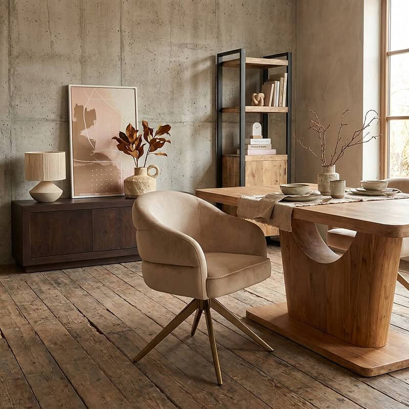 Luxe draaibare eetkamerstoel Bella Cinnamon met bronzen poot, perfect voor een stijlvolle eetkamer of kantoorruimte. Comfortabel en elegant design, ideaal voor moderne interieurs.