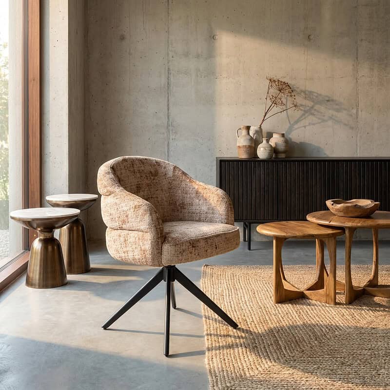 Moderne draaibare eetkamerstoel Bella Cinnamon met zwarte poot, comfortabel bekleed in een warme, aardse tint, geplaatst in een stijlvolle woonkamer met natuurlijke lichtinval.
