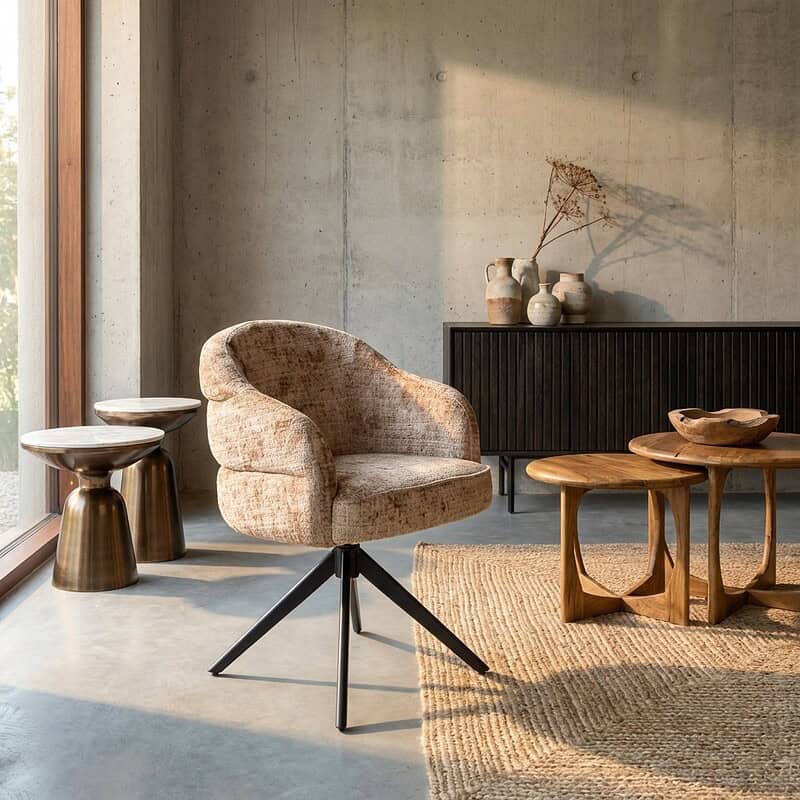 Moderne eetkamerstoel Bella in cinnamon stof met zwart onderstel en armleuningen, geplaatst in een stijlvolle woonkamer met natuurlijke lichtinval.