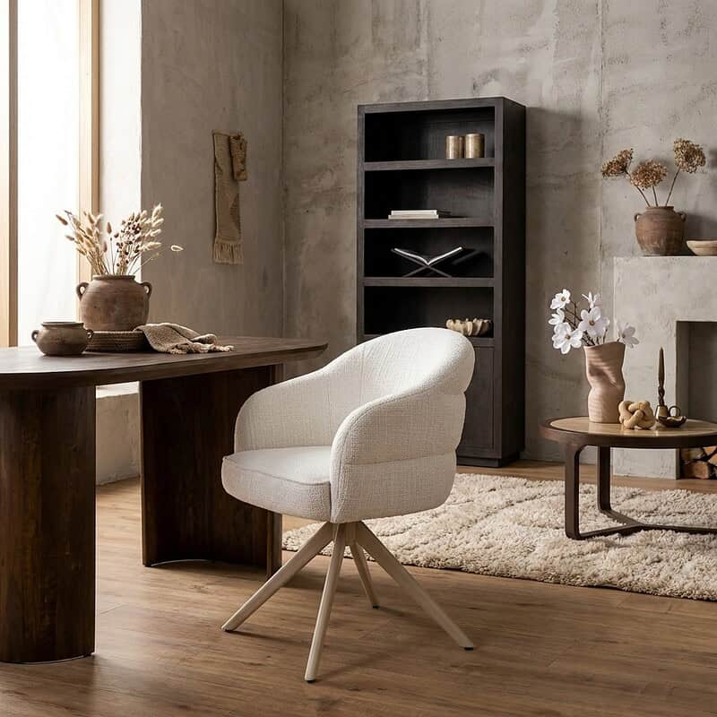 Moderne draaibare eetkamerstoel Bella in off-white stof met zandkleurige poot, ideaal voor een stijlvolle en comfortabele eetkamer of kantoorruimte.