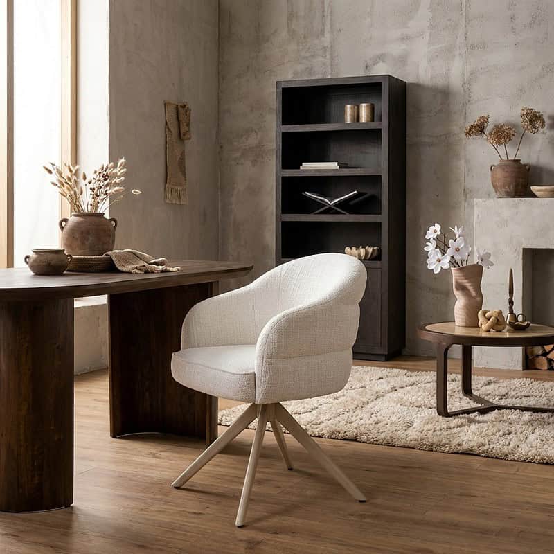 Ontdek de elegante Eetkamerstoel Bella in off white met zandkleurige poten en armleuning, perfect voor een stijlvolle en comfortabele eetkamer.
