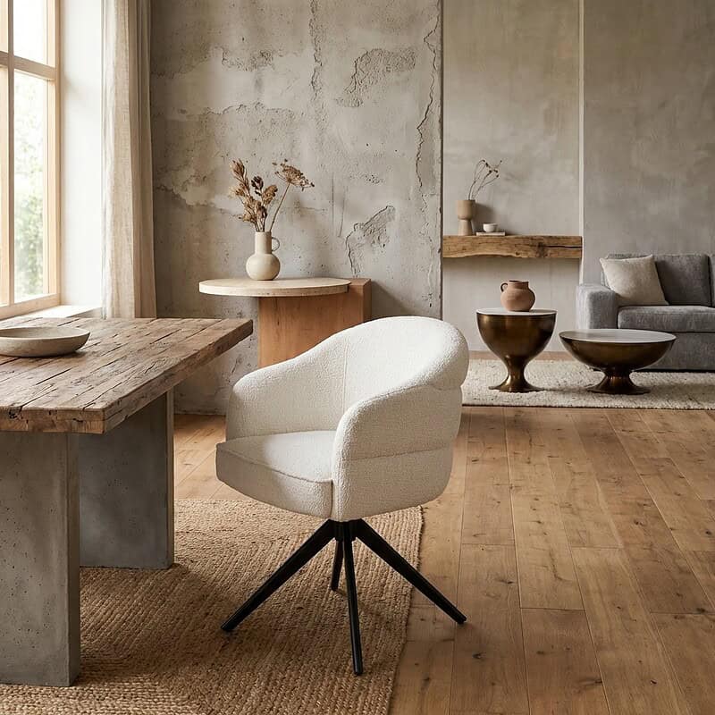 Moderne draaibare eetkamerstoel in off-white stof met zwarte poot, geplaatst in een minimalistisch interieur met natuurlijke materialen.