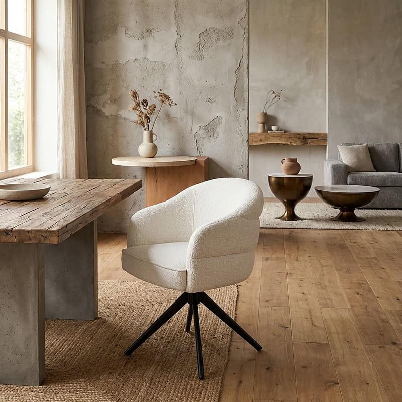 Moderne eetkamerstoel Bella in off-white stof met zwarte poot, armleuningen en comfortabele zitting, perfect voor een stijlvolle en gezellige eetkamer.