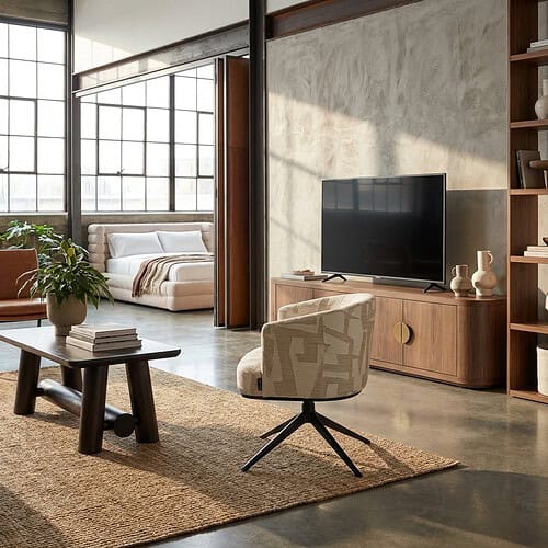 Moderne woonkamer met houten meubels, grote ramen en een comfortabele zithoek, perfect voor ontspanning en gezelligheid.