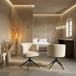 Moderne Niagara beige draaistoel in een minimalistische woonkamer met zachte verlichting en natuurlijke decoratie.