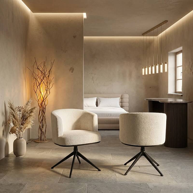 Moderne Niagara beige draaistoel in een minimalistische woonkamer met zachte verlichting en natuurlijke decoratie.