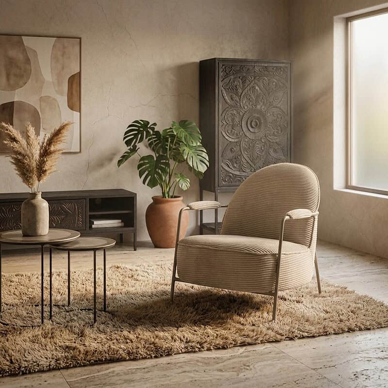 Gezellige woonkamer met moderne meubels, een comfortabele fauteuil, een lage salontafel, een grote plant en decoratieve kunstwerken, perfect voor een stijlvolle en uitnodigende sfeer.