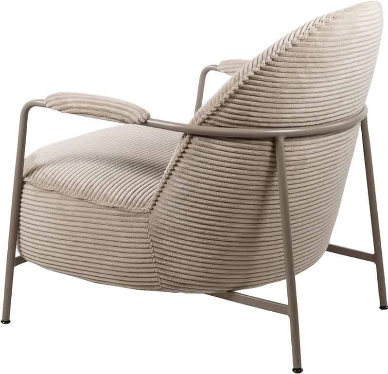 Luxe Mokana lounge fauteuil met ribstof en metalen frame, perfect voor modern interieur. Comfortabel en stijlvol, ideaal voor woonkamer of lounge.