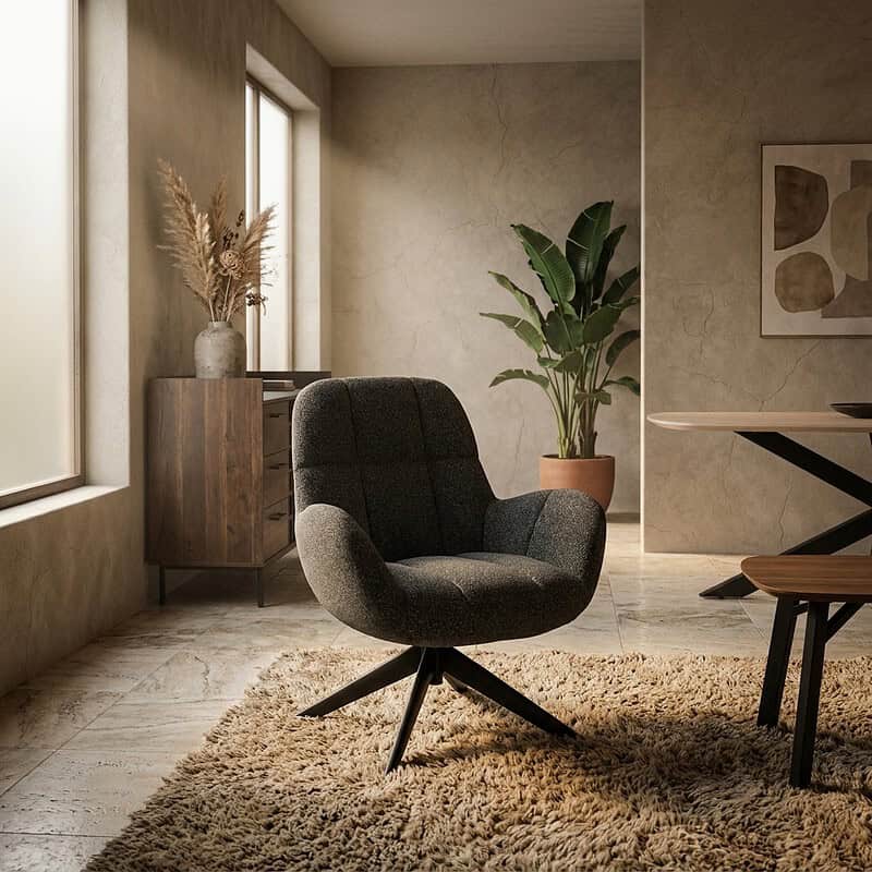 Comfortabele, moderne fauteuil in een stijlvolle woonkamer met natuurlijke lichtinval en groene planten, perfect voor een gezellige en eigentijdse sfeer.