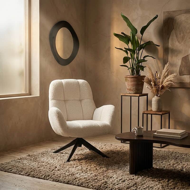 Comfortabele witte relaxfauteuil in een gezellige woonkamer met natuurlijke lichtinval, planten en decoratieve elementen voor een warme en uitnodigende sfeer.