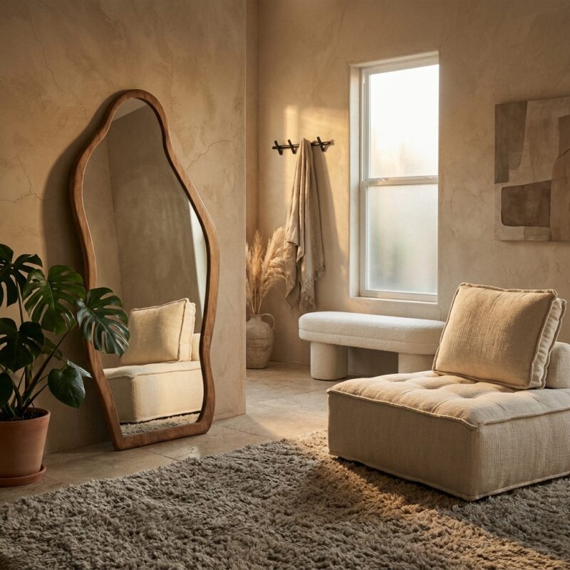 Staande spiegel Laban van rubberhout met natuurlijke kleur en glazen spiegelblad