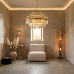 Hanglamp Desire brushed gold small, ijzer en kristal, elegant ontwerp