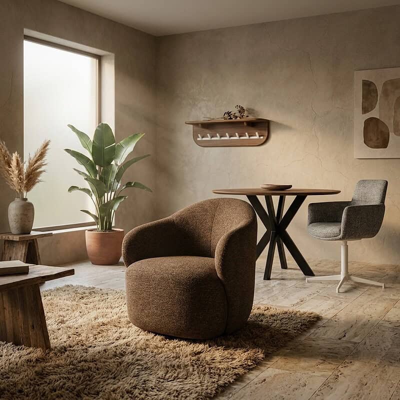 Gezellige woonkamer ingericht met Mokana meubelen, inclusief een comfortabele fauteuil, eettafel en moderne decoratie, in een natuurlijke en warme sfeer.