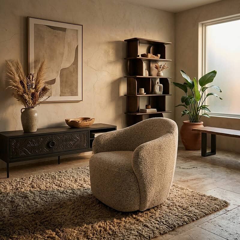 Een stijlvolle en comfortabele woonkamer met een zachte, ronde fauteuil, een zwart dressoir en natuurlijke decoraties, perfect voor een warme en uitnodigende sfeer.