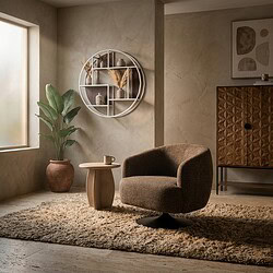 Ontdek stijlvolle houten meubels in een gezellige woonkamer met natuurlijke lichtinval, een comfortabele fauteuil, en decoratieve accessoires voor een warme sfeer.