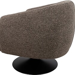 Comfortabele, moderne stoffen fauteuil met ronde vorm en zwarte voet, perfect voor een stijlvolle woonkamer of kantoor.