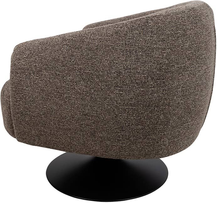 Comfortabele, moderne stoffen fauteuil met ronde vorm en zwarte voet, perfect voor een stijlvolle woonkamer of kantoor.