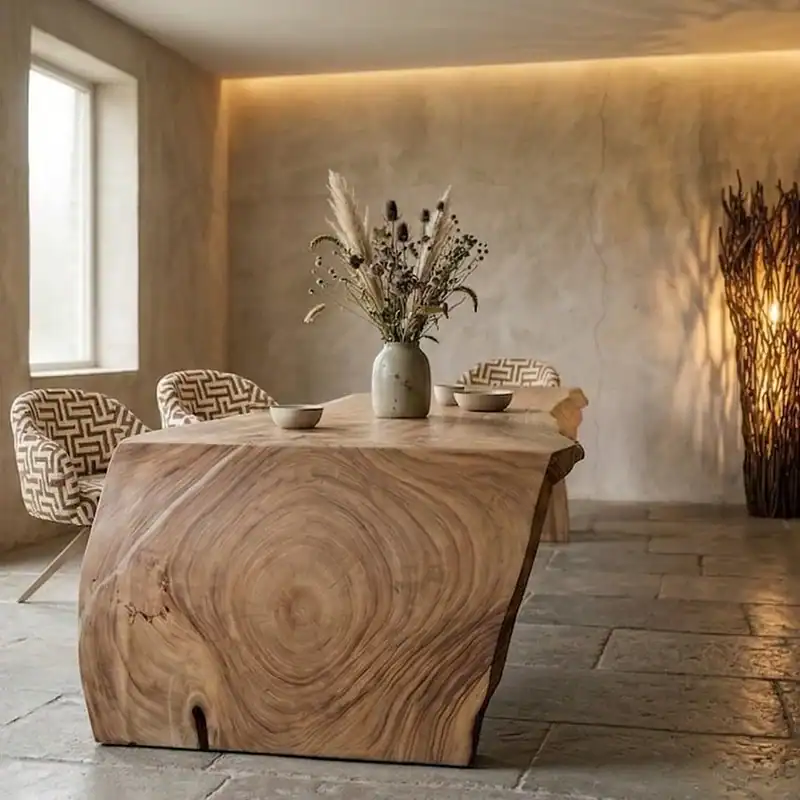 Unieke suarhouten boomstamtafel van 440cm met watervalblad, perfect voor een natuurlijke en stijlvolle eetkamer of vergaderruimte.