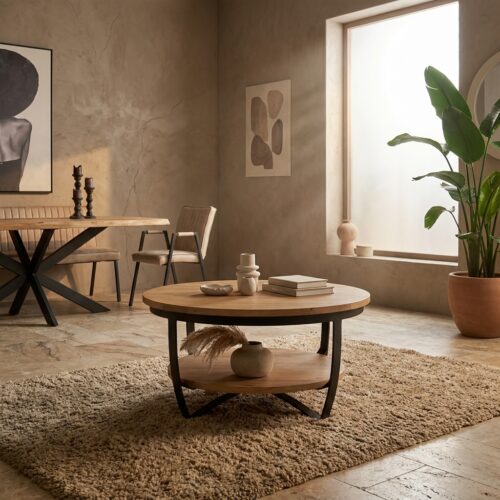 Salontafel Paras Naturel Mangohout 70 cm met metaalframe en zwarte lak