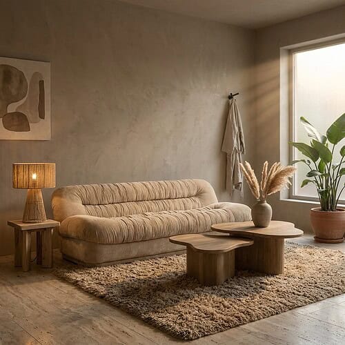 Ein gemütliches beiges Sofa in einem minimalistischen Wohnzimmer mit natürlicher Dekoration und viel Tageslicht.