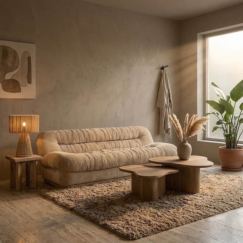 Ein gemütliches beiges Sofa in einem minimalistischen Wohnzimmer mit natürlicher Dekoration und viel Tageslicht.