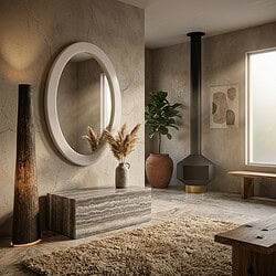 Moderne woonkamer met houten meubelen, grote spiegel, planten en een houtkachel, sfeervol en minimalistisch interieur.