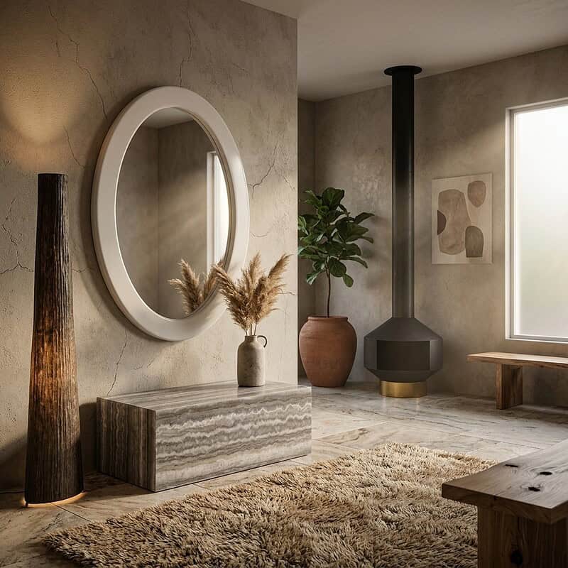 Moderne woonkamer met houten meubelen, grote spiegel, planten en een houtkachel, sfeervol en minimalistisch interieur.