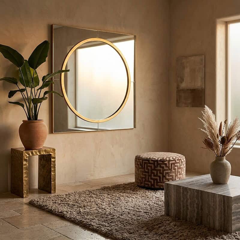 Een stijlvolle woonkamer met een grote ronde spiegel, een groene plant in een terracotta pot, en decoratieve elementen zoals een gestileerde poef en een vaas met gedroogde bloemen.