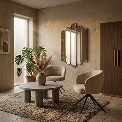 Eine gemütliche Sitzecke mit bequemen Stühlen, einem runden Couchtisch und dekorativen Spiegeln in einem warmen, natürlichen Interieur. Perfekt für einen modernen und einladenden Wohnbereich.