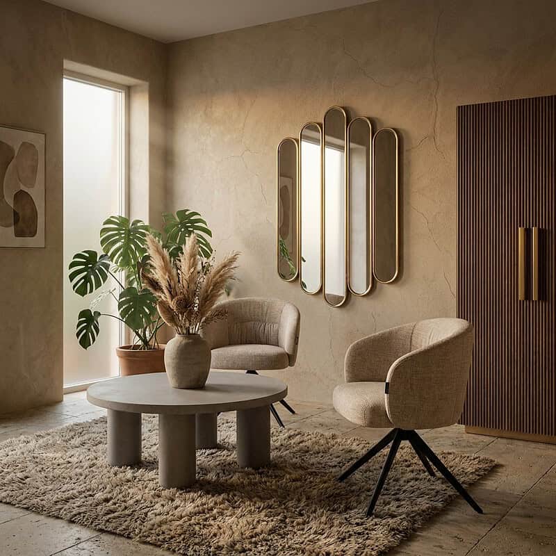 Eine gemütliche Sitzecke mit bequemen Stühlen, einem runden Couchtisch und dekorativen Spiegeln in einem warmen, natürlichen Interieur. Perfekt für einen modernen und einladenden Wohnbereich.