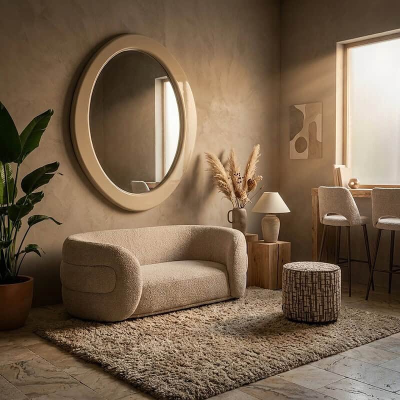 Gemütliches Wohnzimmer mit Möbeln von Mokana, einem Sofa aus weichem Stoff, einem runden Spiegel, Pflanzen und Naturdeko für eine warme Atmosphäre.