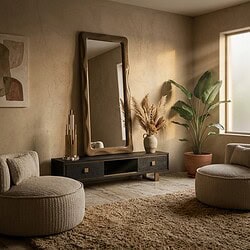 Gezellige woonkamer met moderne meubels, grote plant en decoratieve accessoires, badend in natuurlijk licht.