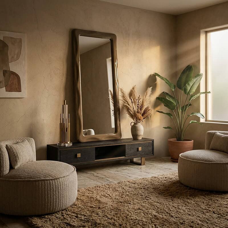 Gezellige woonkamer met moderne meubels, grote plant en decoratieve accessoires, badend in natuurlijk licht.