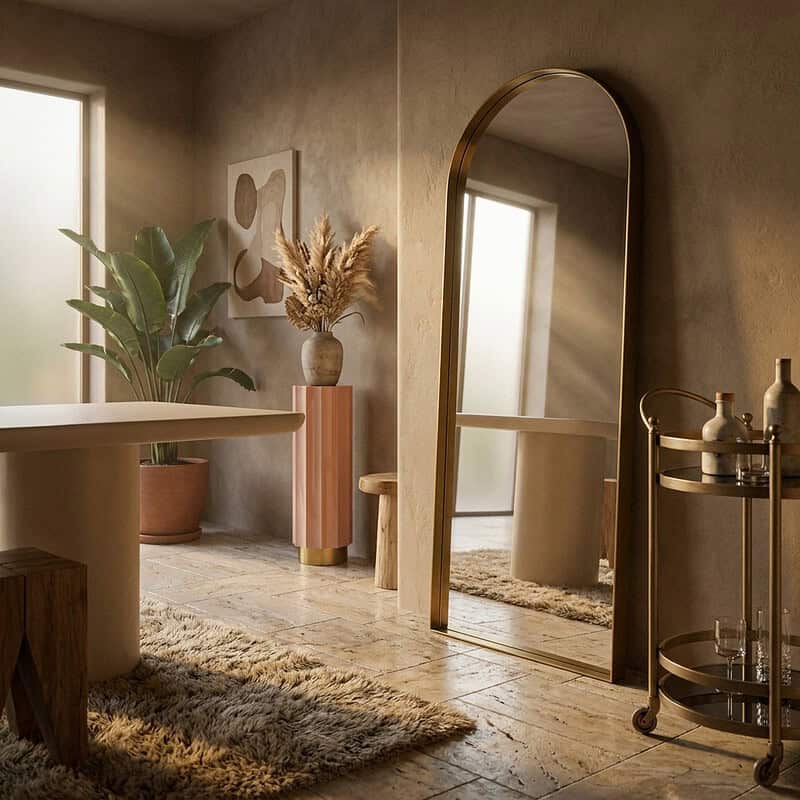 Elegant interieur met grote spiegel, planten en decoratieve elementen in een warme, natuurlijke sfeer. Perfect voor een stijlvolle en gezellige woonruimte.