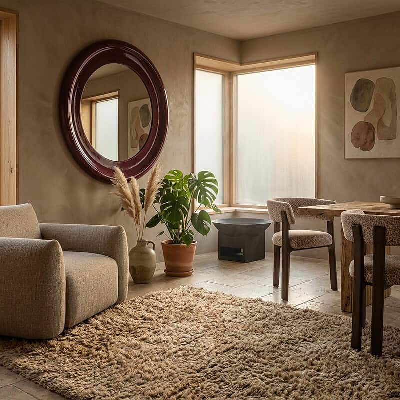 Gezellige woonkamer met comfortabele bank, grote planten en sfeervol interieur, perfect voor ontspanning en gezelligheid.